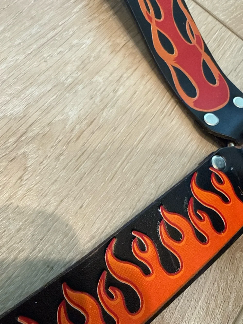 Black Leather Men’s Flame Strap Belt - Red/Orange Accent